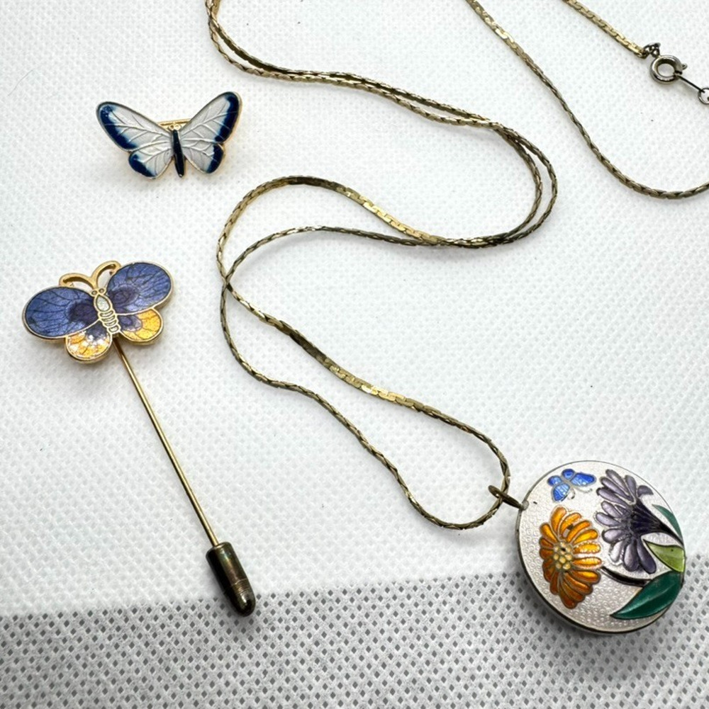 3 Pc Vintage Cloisonne Set Butterfly Stick Pin Brooch Necklace Double Sided 30”